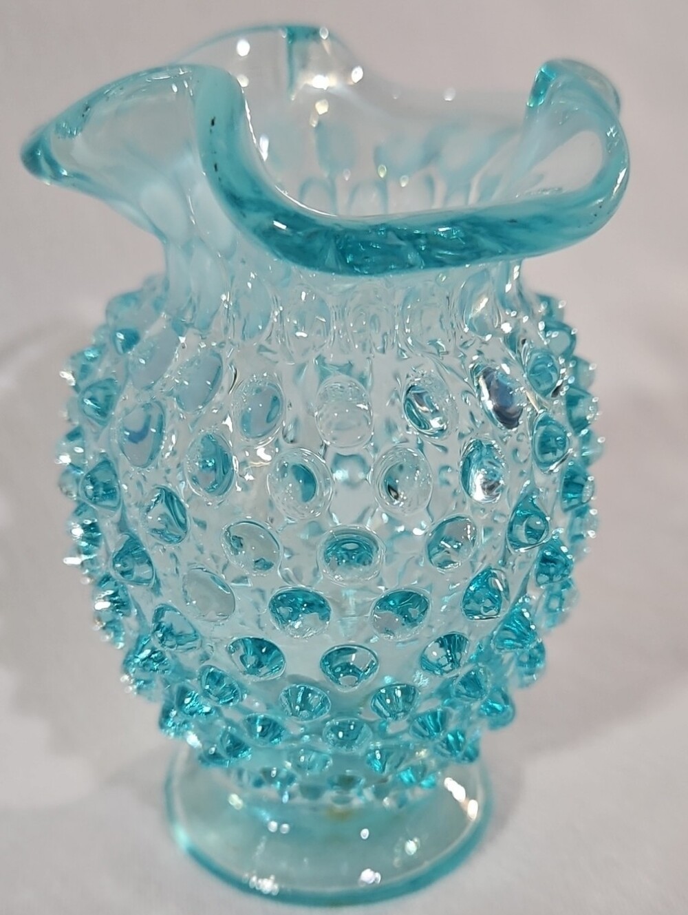 Fenton Blue Opalescent Hobnail Miniature Bud Vase, UV Reactive Manganese